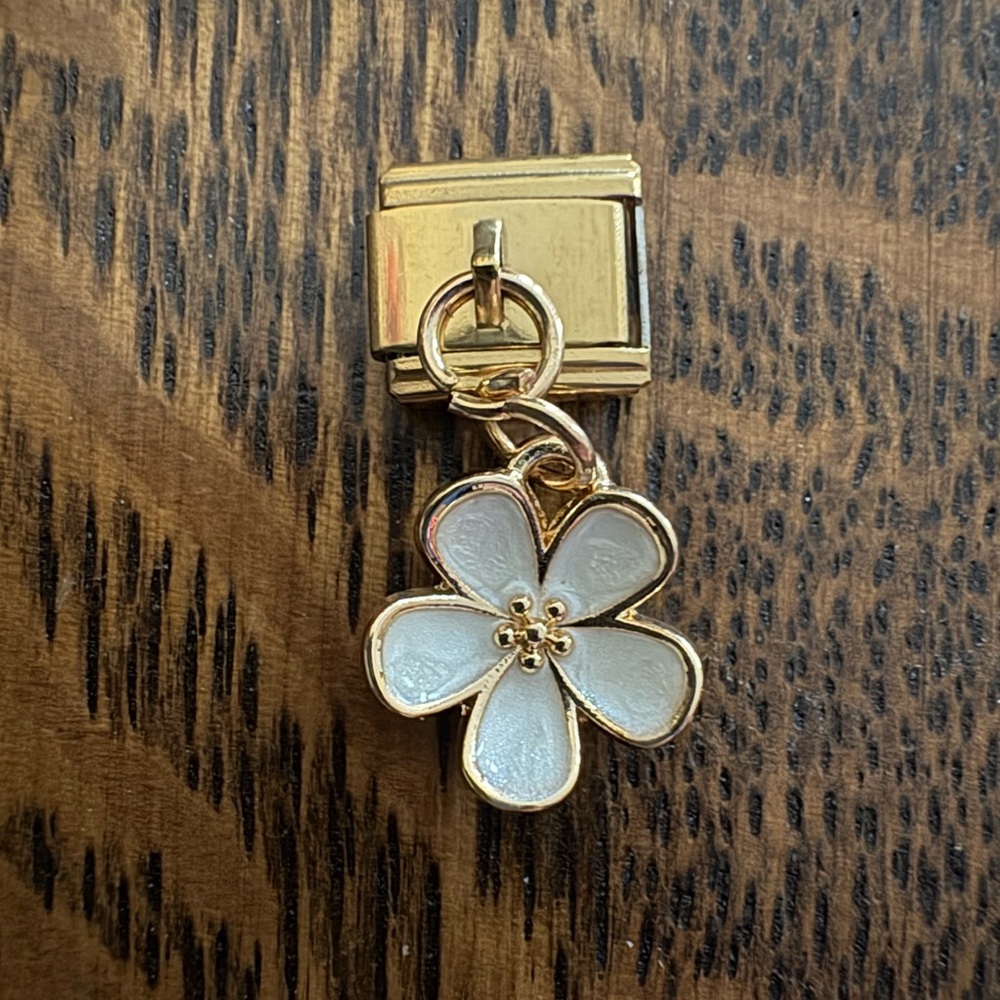 Gold & White Dangling Flower Italian Charm 9mm NEW